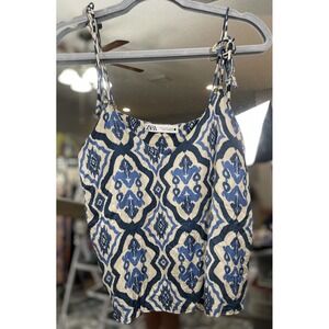 ZARA Leia Argyle Diamond Boho Blue Silky Style Polyester Top Tie Straps Blouse M